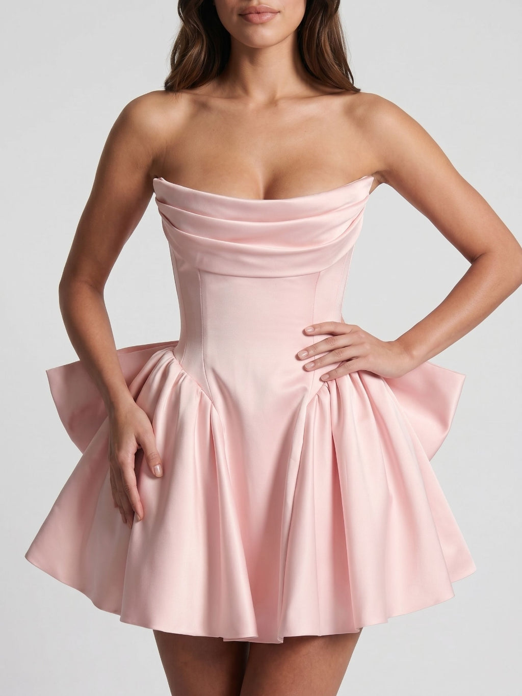 Blushing Pink Satin A-Line Scoop Neck Lace-Up Back Short Dress with Bow