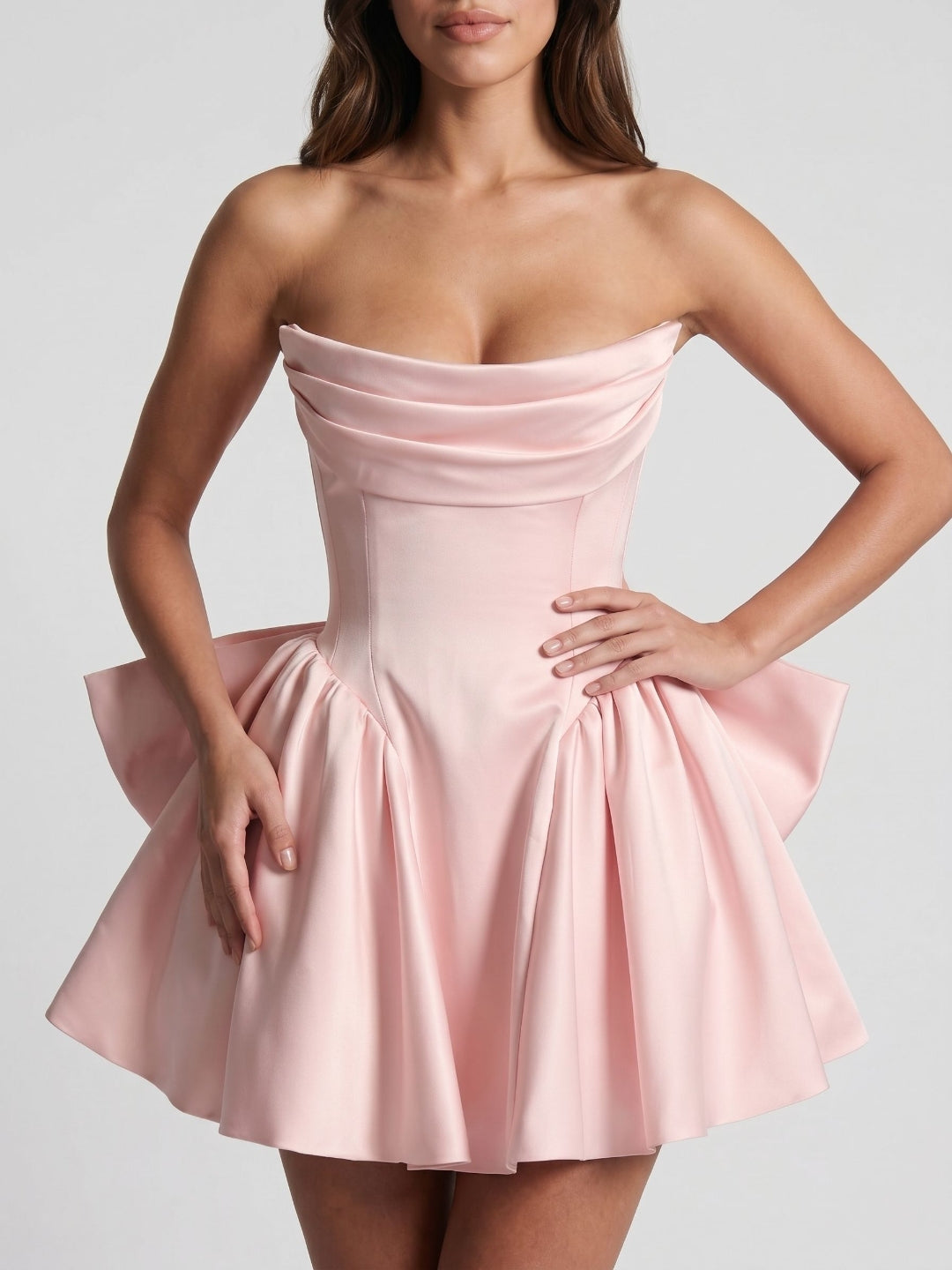 Blushing Pink Satin A-Line Scoop Neck Lace-Up Back Short Dress with Bow