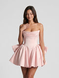 Blushing Pink Satin A-Line Scoop Neck Lace-Up Back Short Dress with Bow