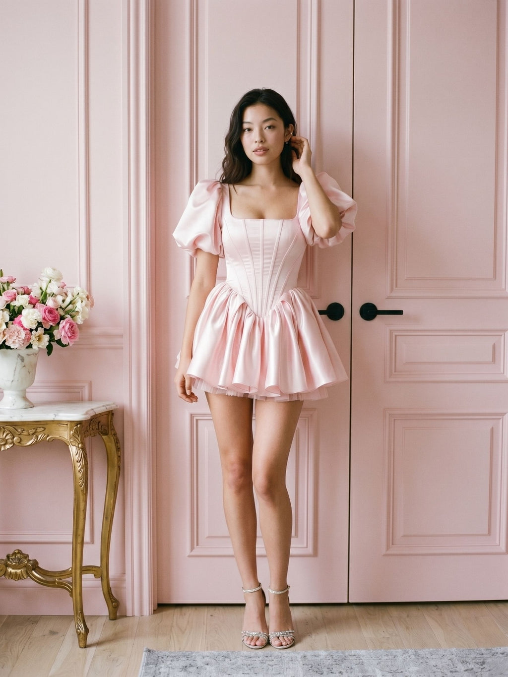 Blushing Pink Satin A-Line Square Neck Back Zip Short Homecoming Dress with Pleating