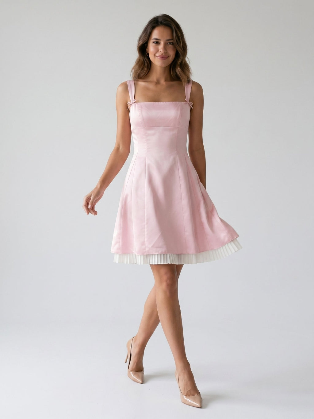Blushing Pink Satin A-Line Square Neck Back Zip Short Dress with Pleating