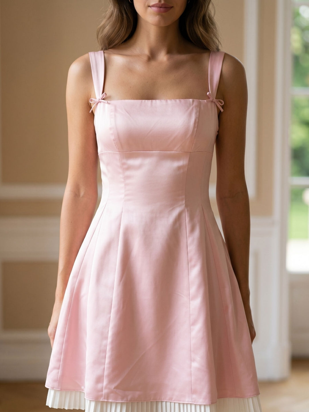 Blushing Pink Satin A-Line Square Neck Back Zip Short Dress with Pleating