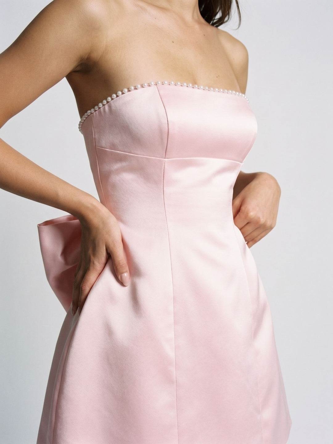 Blushing Pink Satin A-Line Straight Neck Back Zip Short Dress with Bow