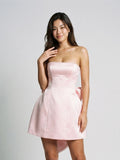 Blushing Pink Satin A-Line Straight Neck Back Zip Short Dress with Bow