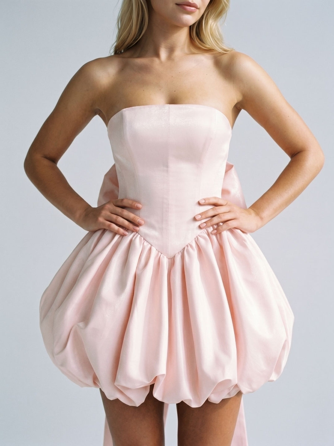 Blushing Pink Satin A-Line Straight Neck Lace-Up Back Short Dress with Bow