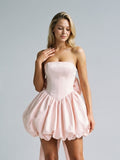 Blushing Pink Satin A-Line Straight Neck Lace-Up Back Short Dress with Bow