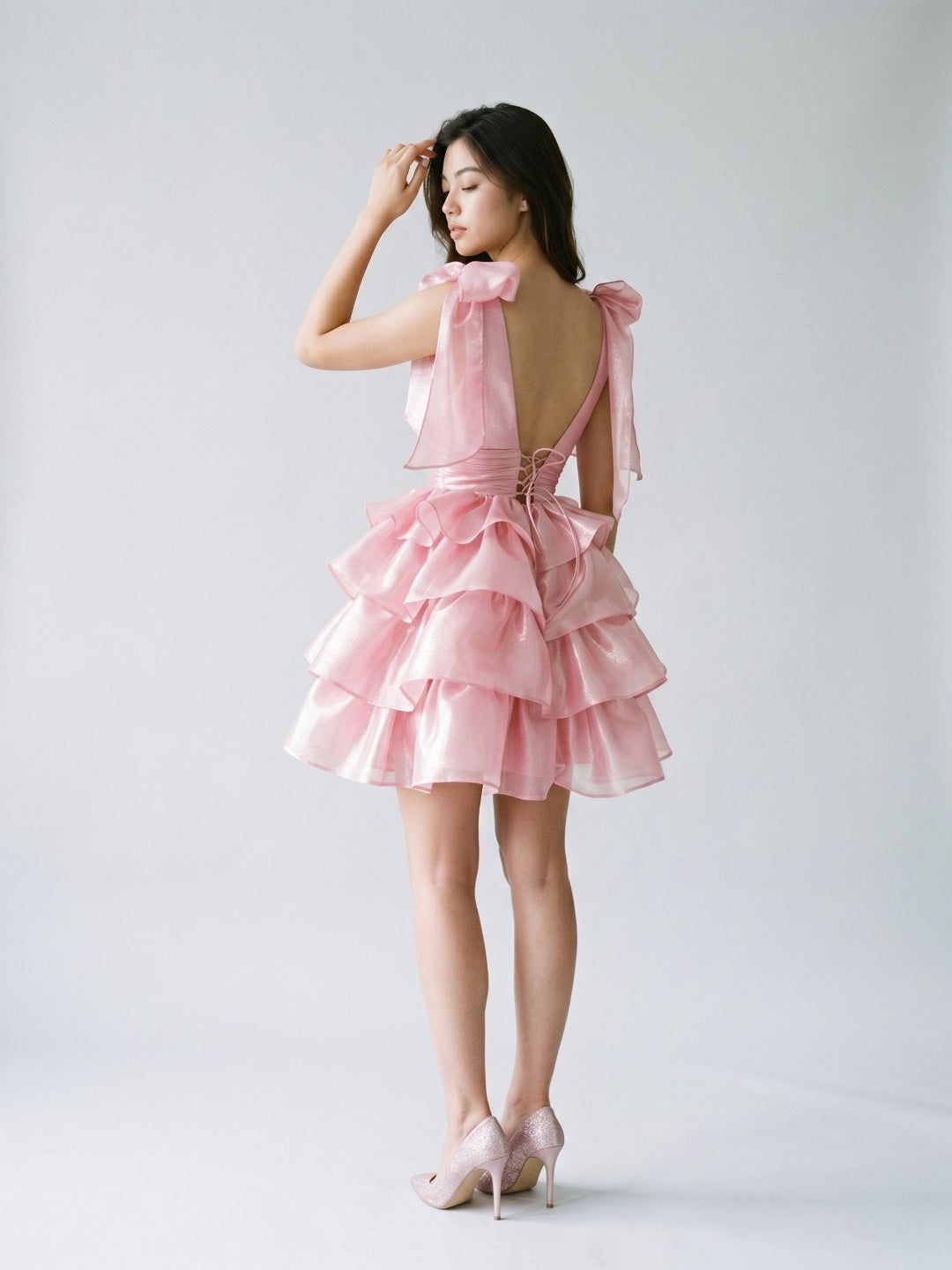 Blushing Pink Satin A-Line V-Neck Backless Short Homecoming Dress with Cascading Ruffles
