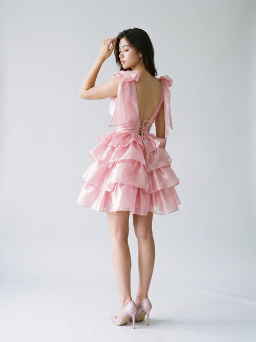 Blushing Pink Satin A-Line V-Neck Backless Short Homecoming Dress with Cascading Ruffles