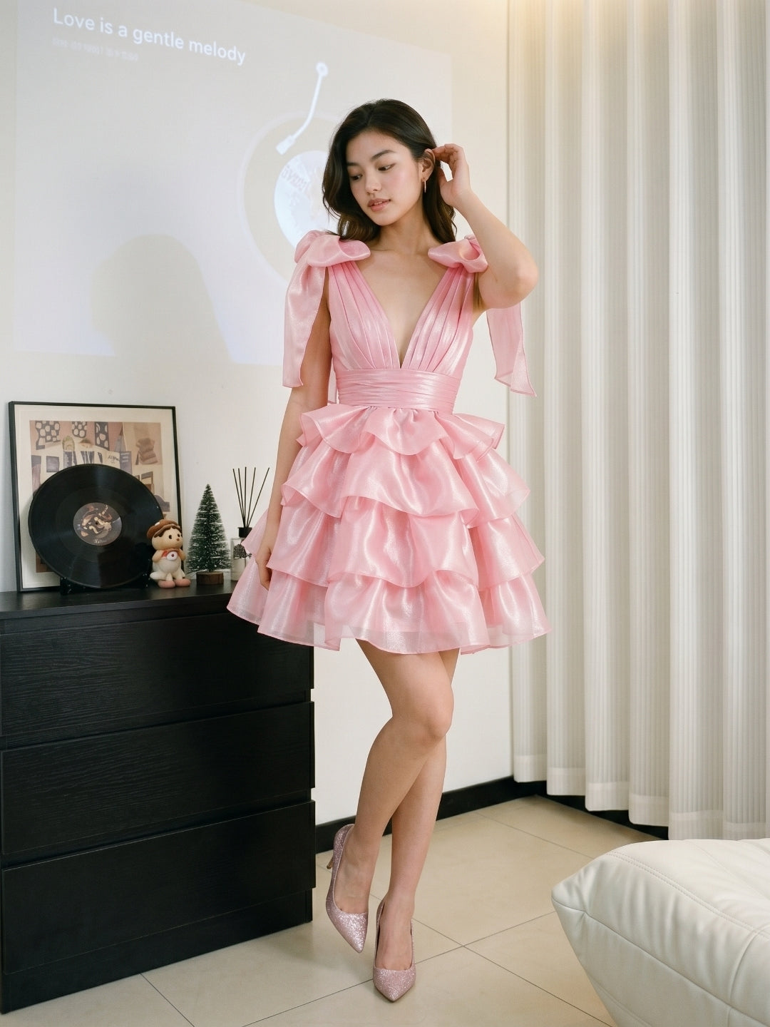 Blushing Pink Satin A-Line V-Neck Backless Short Homecoming Dress with Cascading Ruffles