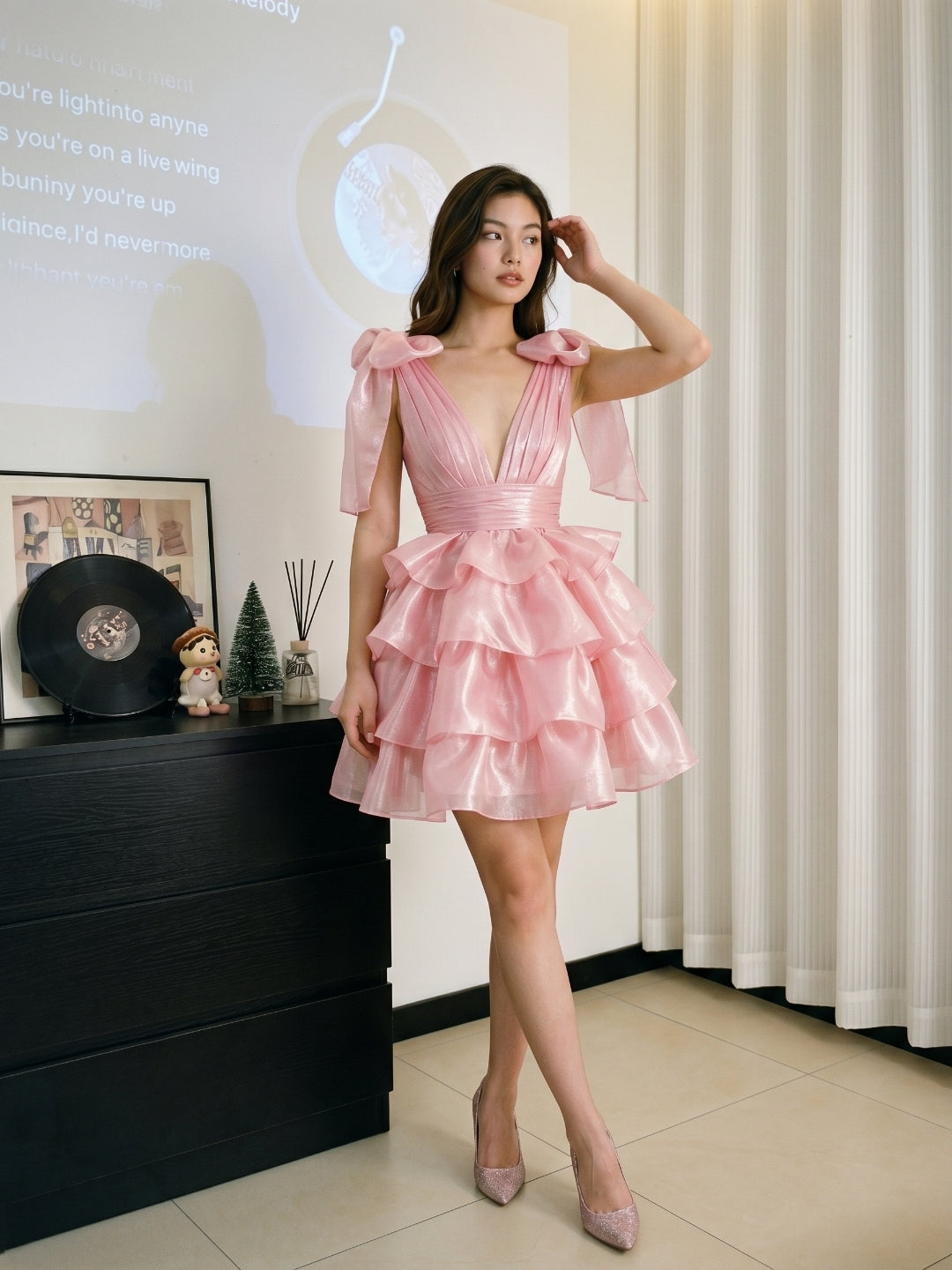 Blushing Pink Satin A-Line V-Neck Backless Short Homecoming Dress with Cascading Ruffles