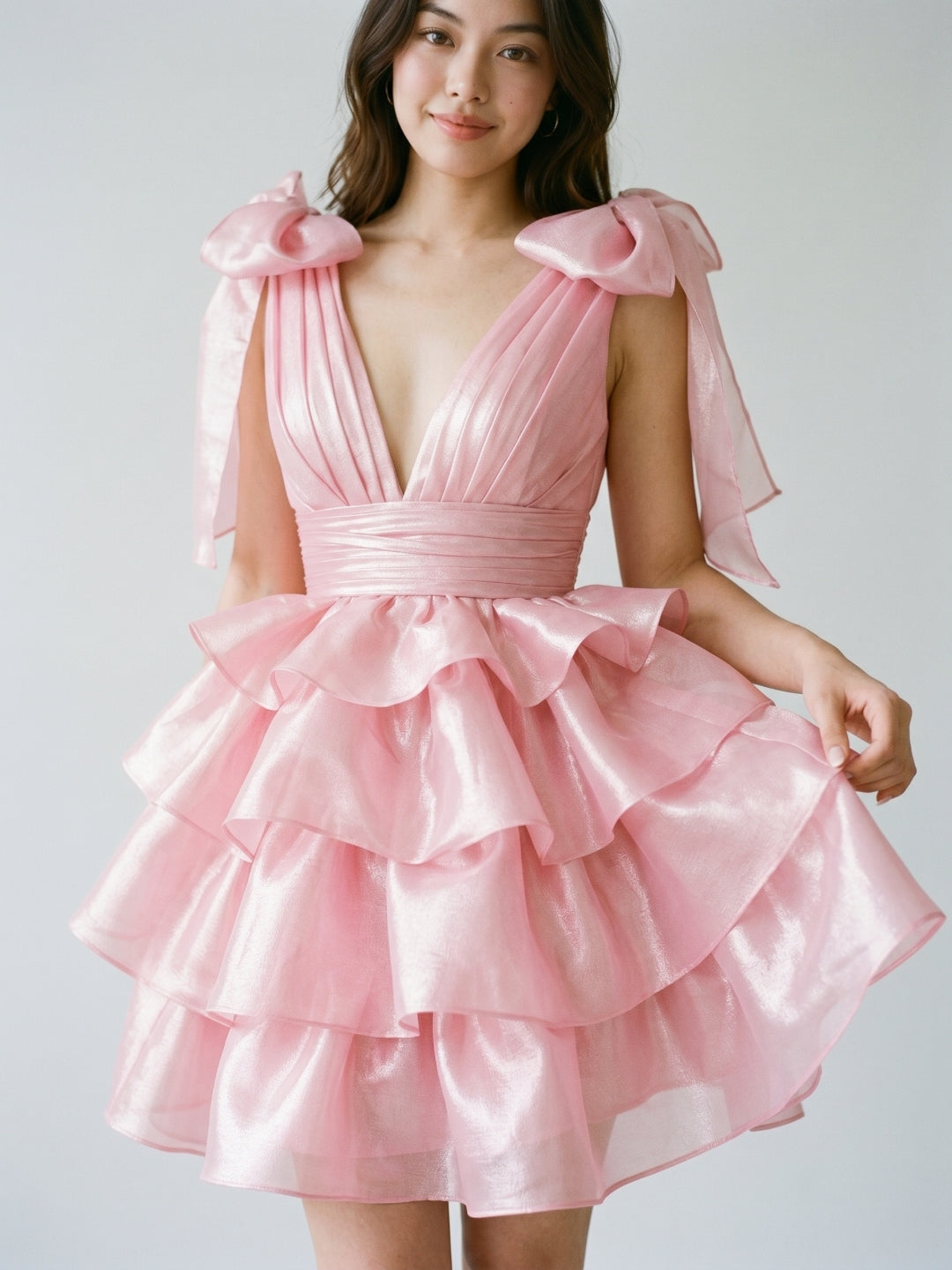 Blushing Pink Satin A-Line V-Neck Backless Short Homecoming Dress with Cascading Ruffles