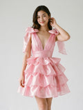 Blushing Pink Satin A-Line V-Neck Backless Short Homecoming Dress with Cascading Ruffles