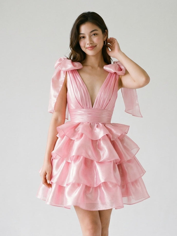 Blushing Pink Satin A-Line V-Neck Backless Short Homecoming Dress with Cascading Ruffles