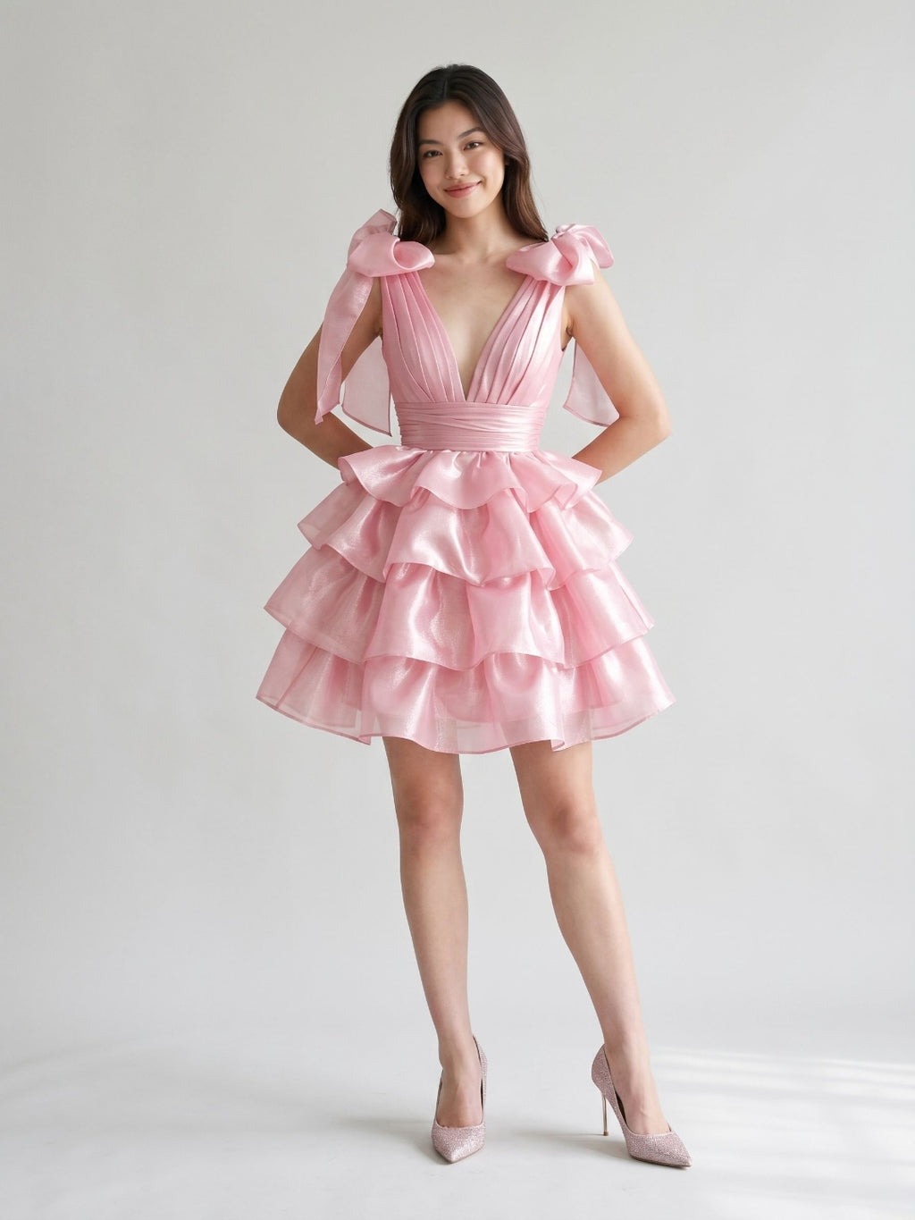 Blushing Pink Satin A-Line V-Neck Backless Short Homecoming Dress with Cascading Ruffles