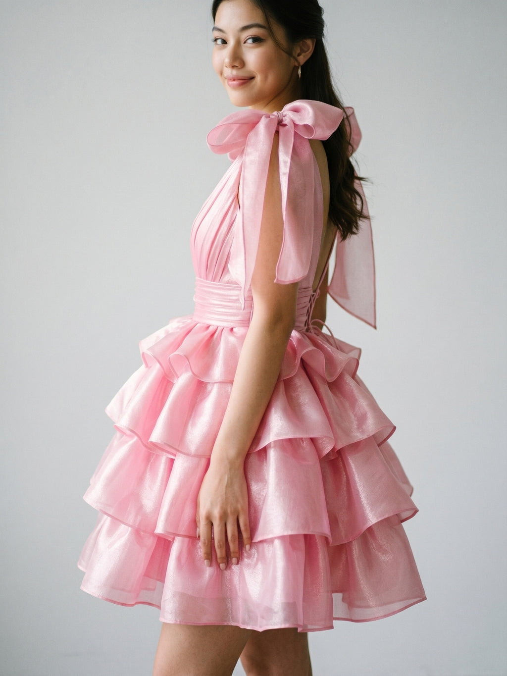 Blushing Pink Satin A-Line V-Neck Backless Short Homecoming Dress with Cascading Ruffles