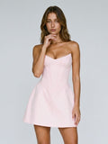 Blushing Pink Satin A-Line V-Neck Lace-Up Back Short Dress