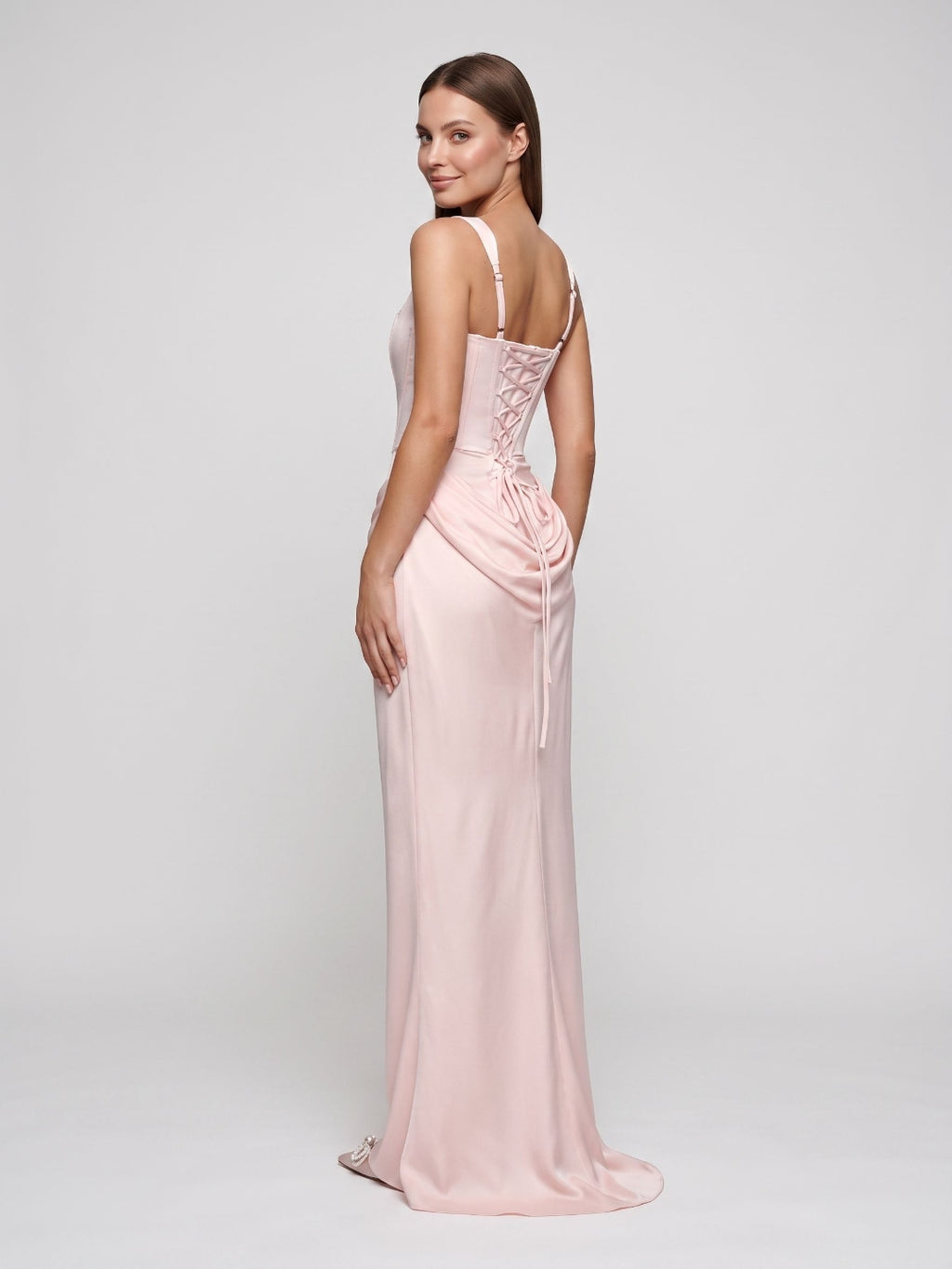 Blushing Pink Satin Mermaid Square Neck Lace-Up Back Floor Length Dress