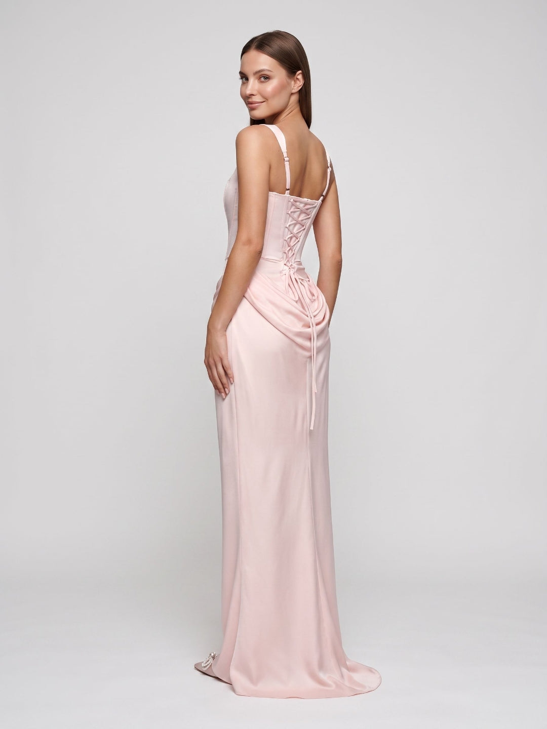 Blushing Pink Satin Mermaid Square Neck Lace-Up Back Floor Length Dress