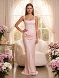 Blushing Pink Satin Mermaid Square Neck Lace-Up Back Floor Length Dress
