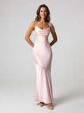 Blushing Pink Satin Sheath Cowl Neck Back Zip Floor-Length Evening Dress