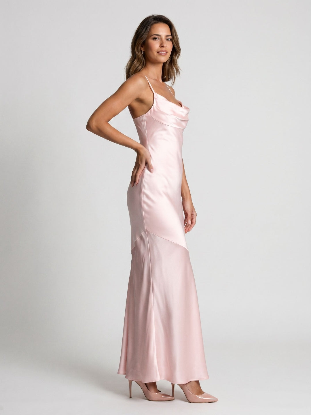 Blushing Pink Satin Sheath Cowl Neck Back Zip Floor-Length Evening Dress