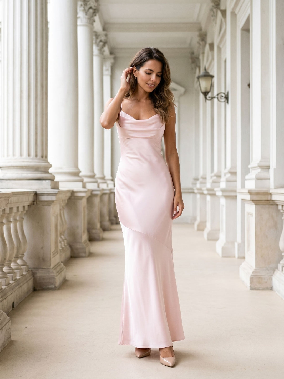 Blushing Pink Satin Sheath Cowl Neck Back Zip Floor-Length Evening Dress