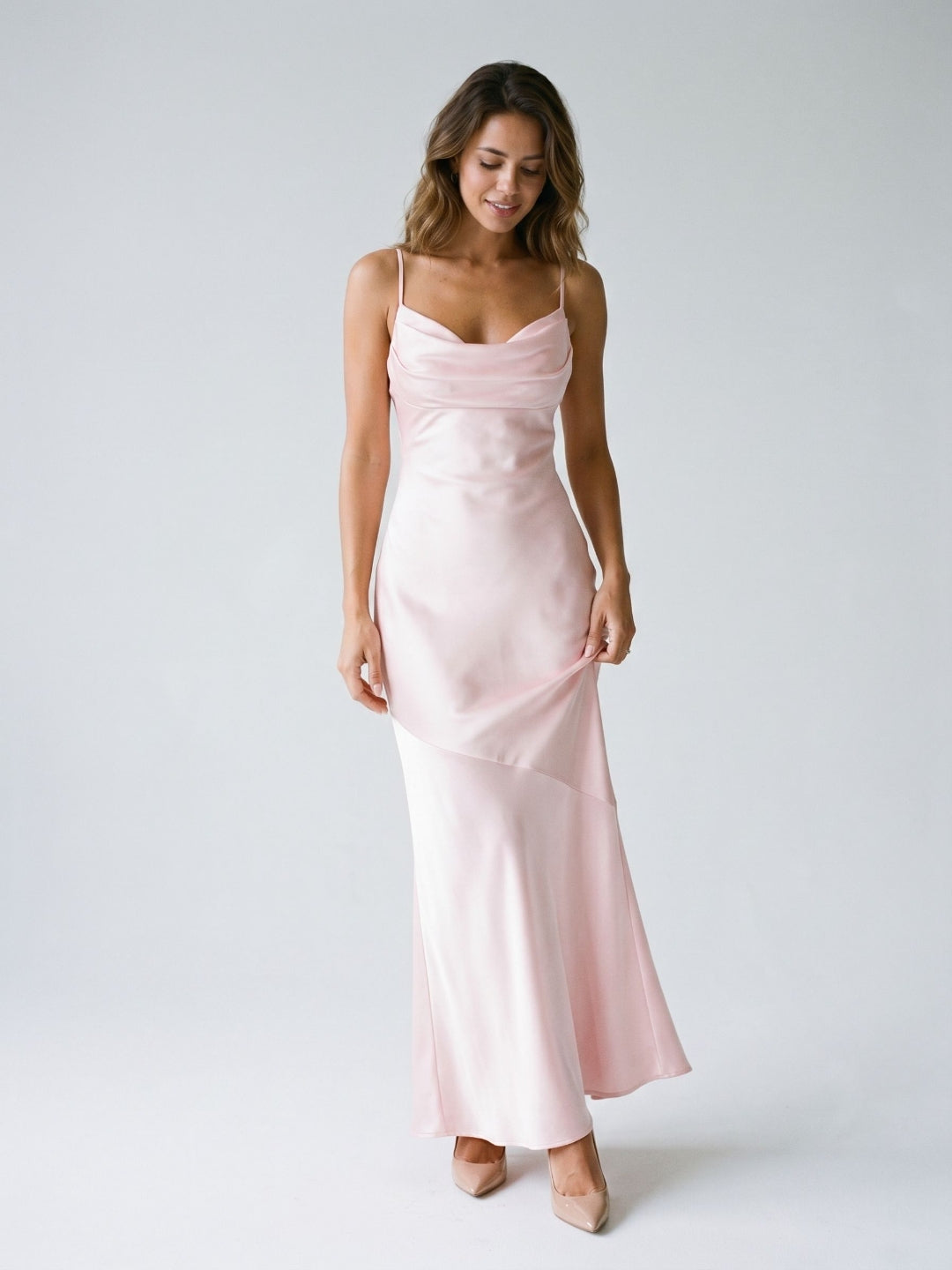 Blushing Pink Satin Sheath Cowl Neck Back Zip Floor-Length Evening Dress