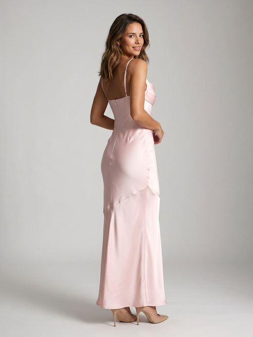 Blushing Pink Satin Sheath Cowl Neck Back Zip Floor-Length Evening Dress