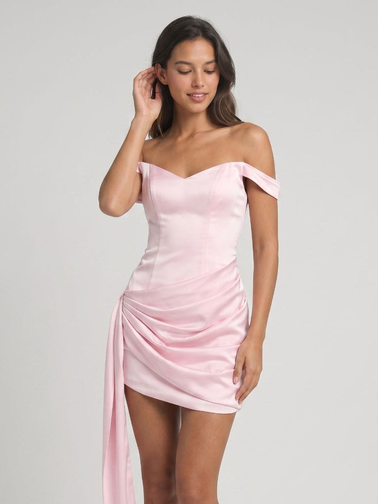 Blushing Pink Satin Sheath Off-the-Shoulder Back Zip Short Dress with Pleating