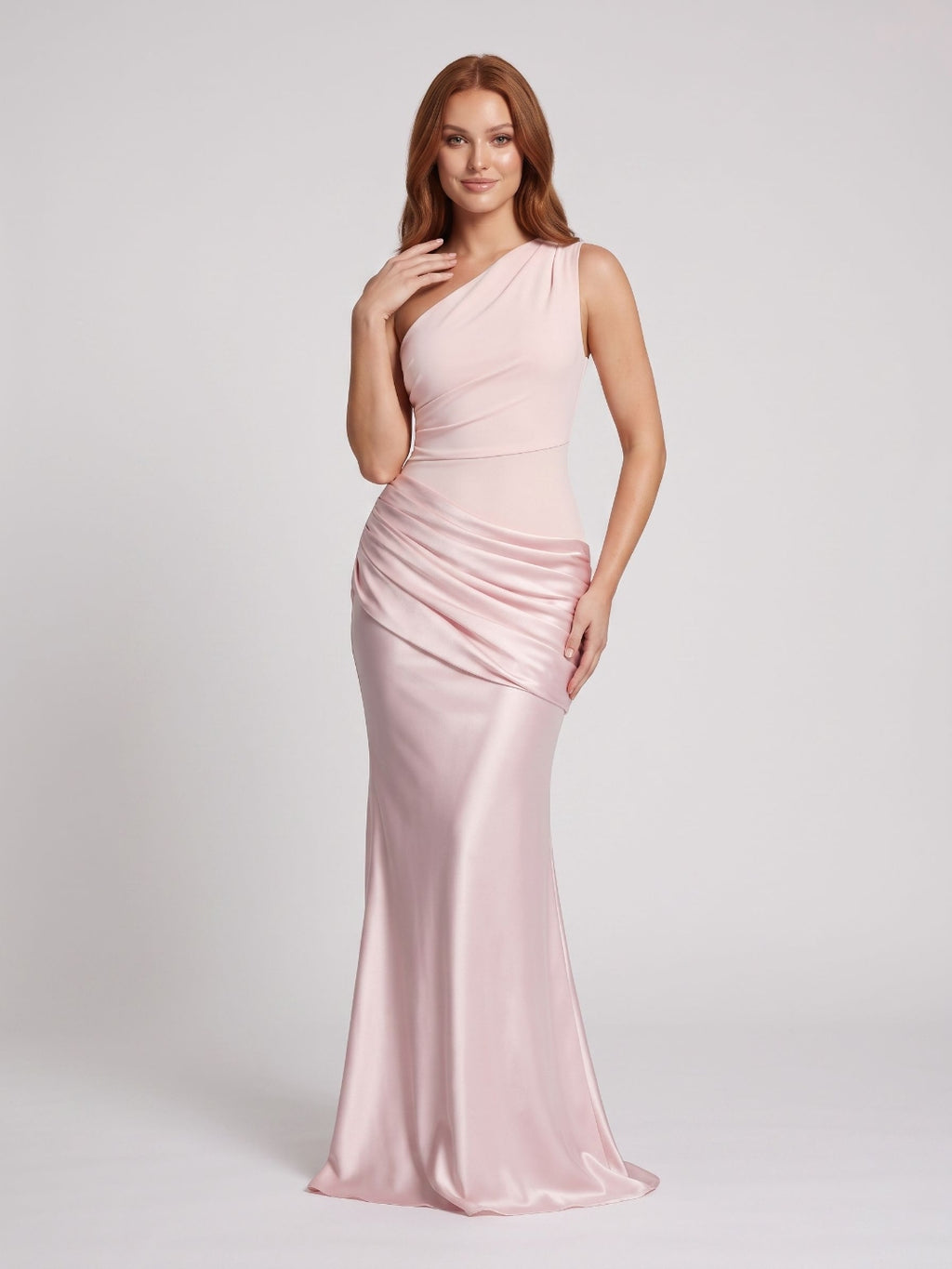 Blushing Pink Satin Sheath One Shoulder Floor-Length Dress