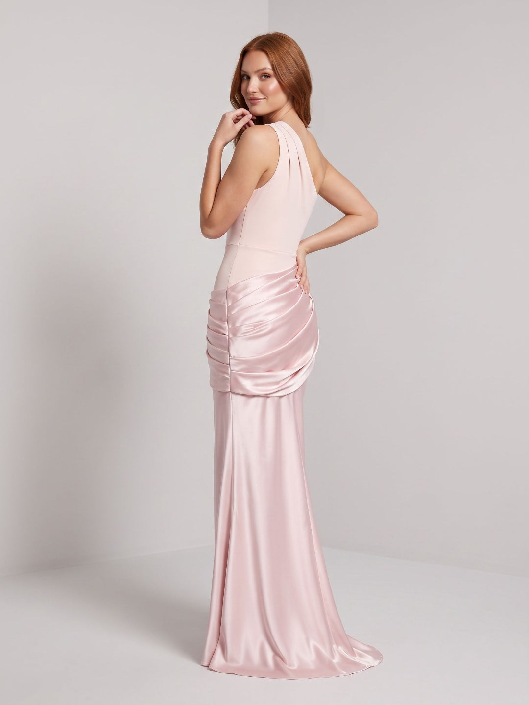 Blushing Pink Satin Sheath One Shoulder Floor-Length Dress