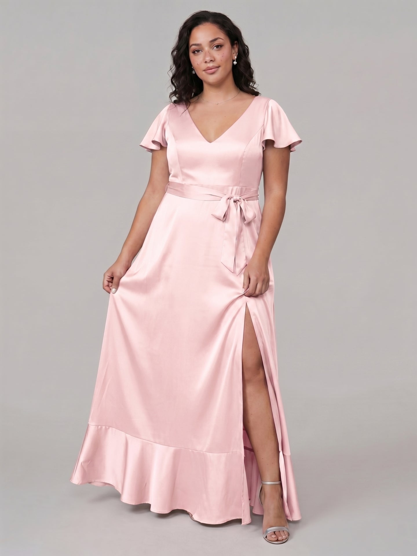 Blushing Pink Satin V-Neck V-Back Ankle-Length Plus Size Bridesmaid Dress