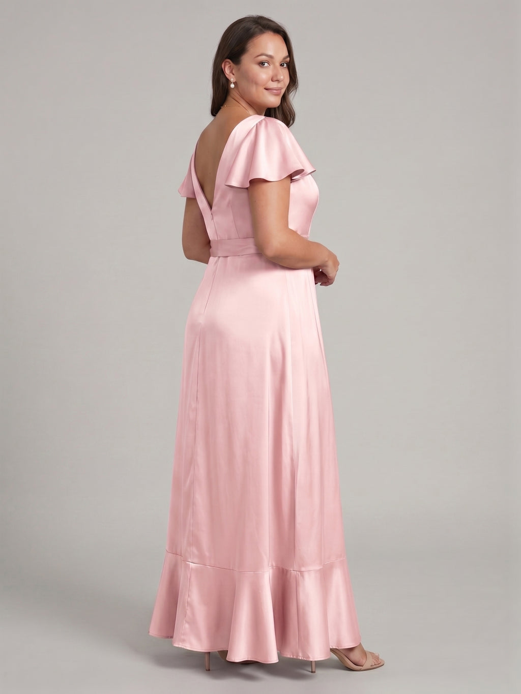 Blushing Pink Satin V-Neck V-Back Ankle-Length Plus Size Bridesmaid Dress