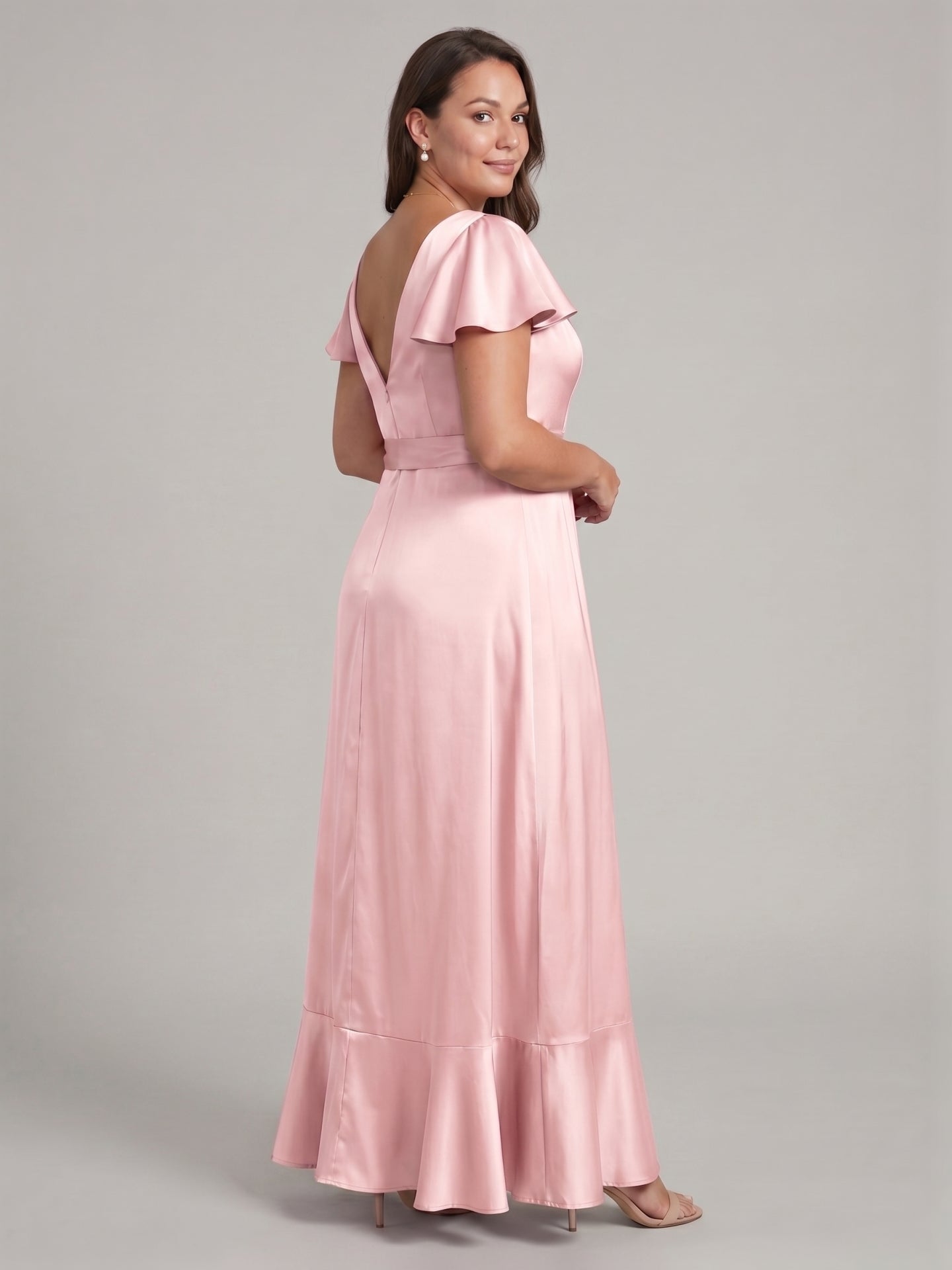 Blushing Pink Satin V-Neck V-Back Ankle-Length Plus Size Bridesmaid Dress