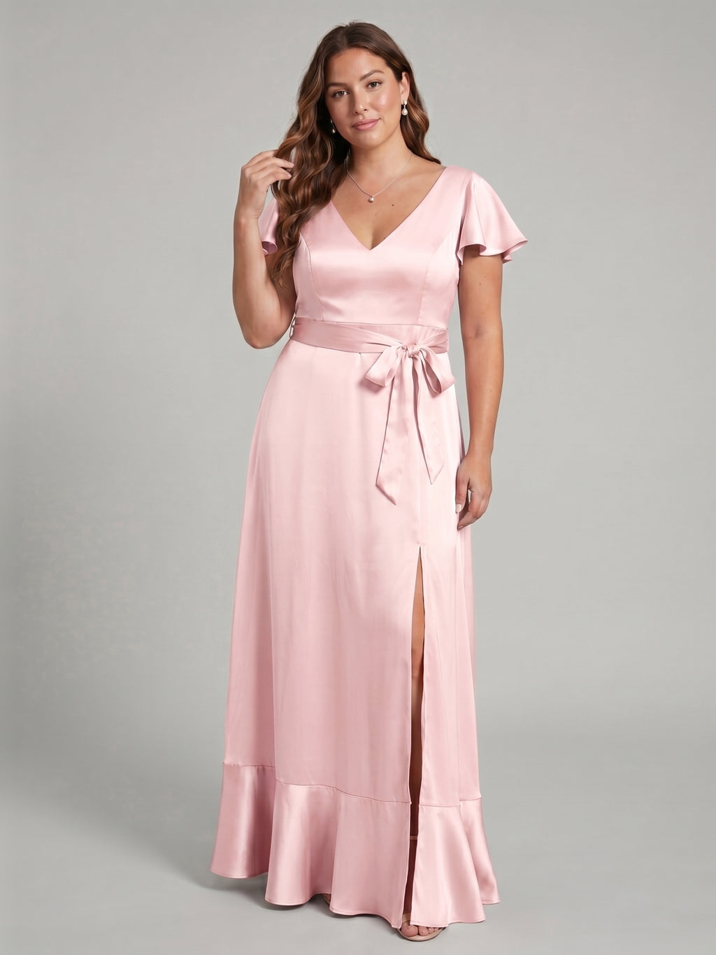 Blushing Pink Satin V-Neck V-Back Ankle-Length Plus Size Bridesmaid Dress