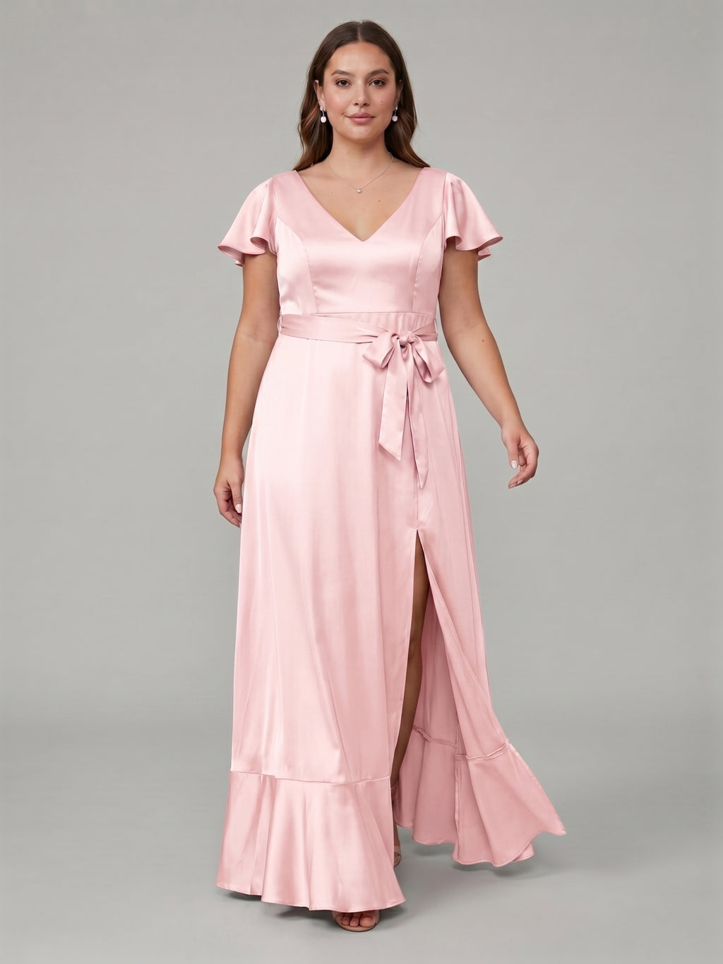 Blushing Pink Satin V-Neck V-Back Ankle-Length Plus Size Bridesmaid Dress