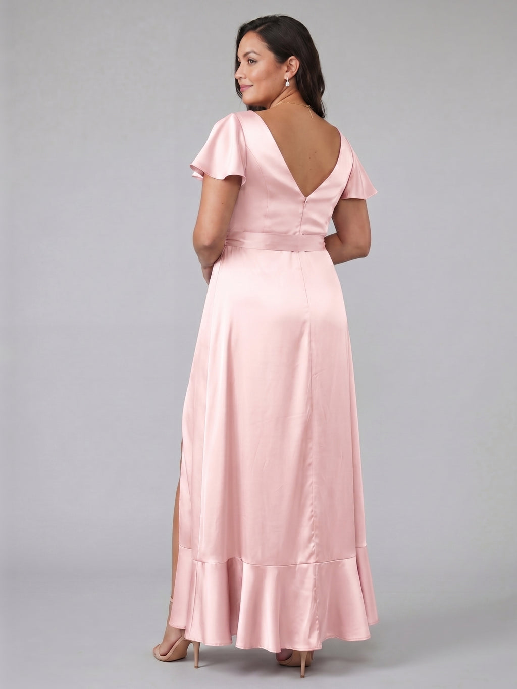 Blushing Pink Satin V-Neck V-Back Ankle-Length Plus Size Bridesmaid Dress