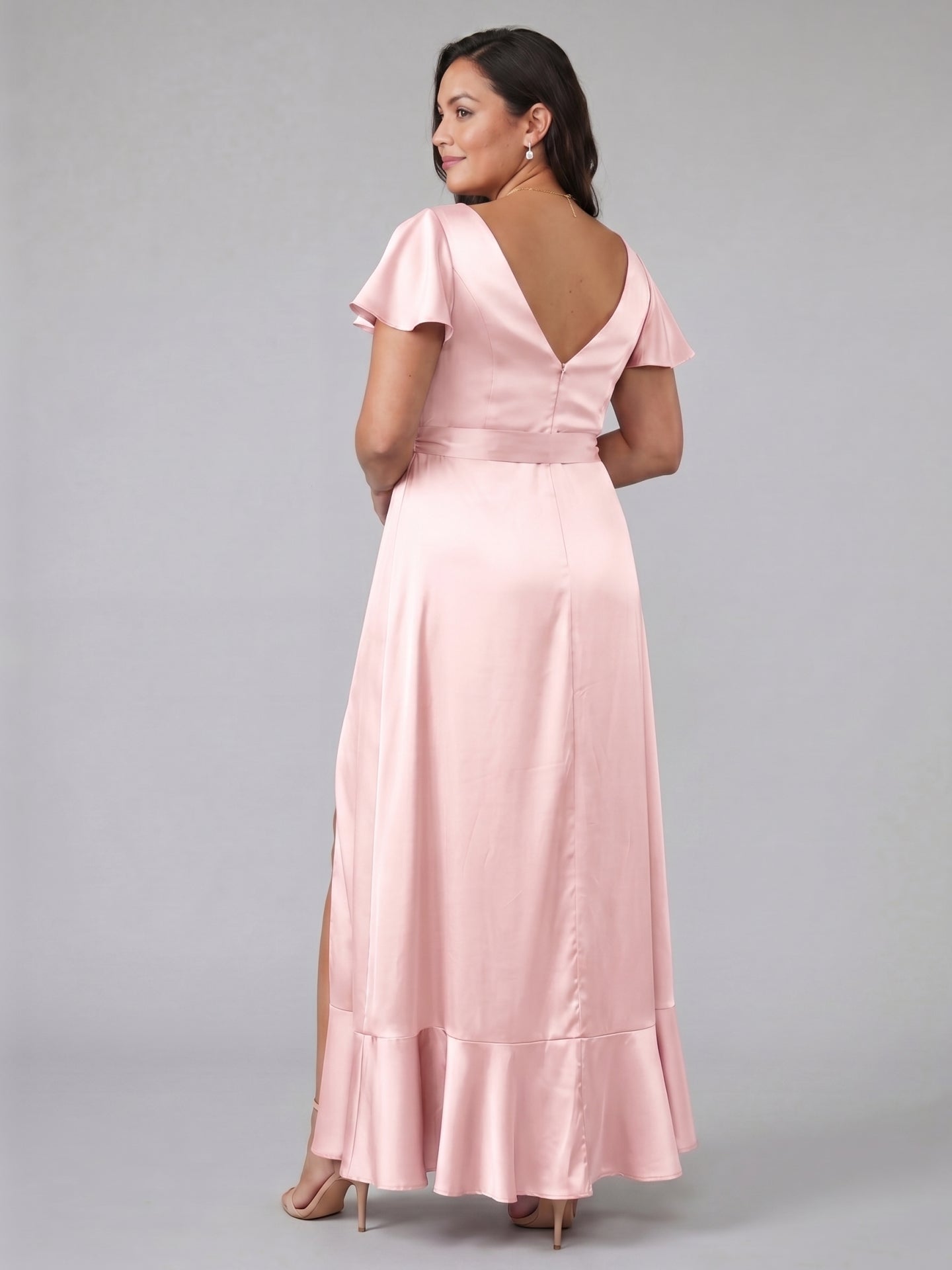 Blushing Pink Satin V-Neck V-Back Ankle-Length Plus Size Bridesmaid Dress