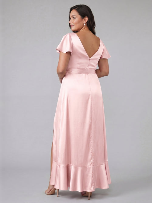 Blushing Pink Satin V-Neck V-Back Ankle-Length Plus Size Bridesmaid Dress