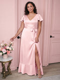 Blushing Pink Satin V-Neck V-Back Ankle-Length Plus Size Bridesmaid Dress