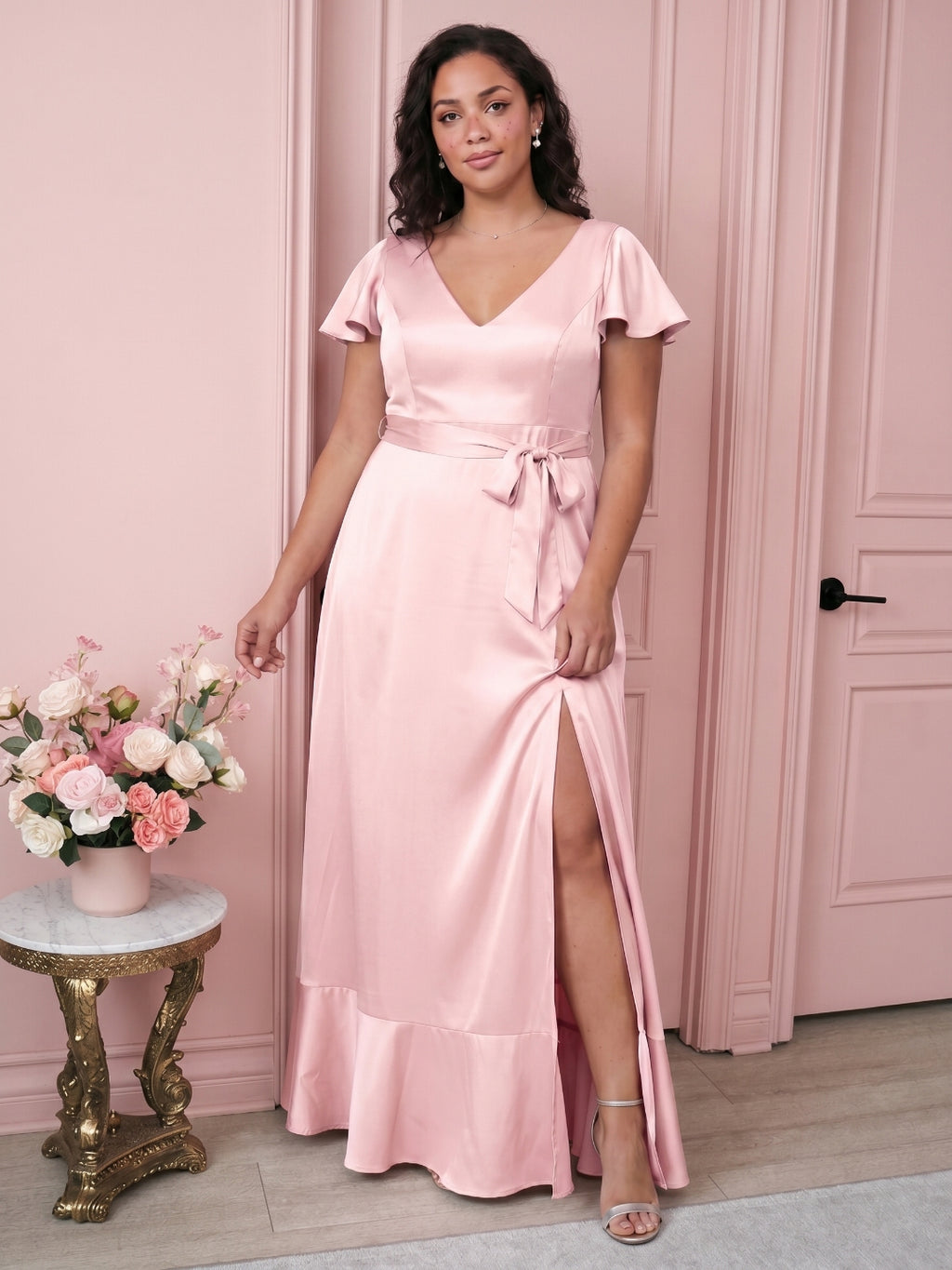 Blushing Pink Satin V-Neck V-Back Ankle-Length Plus Size Bridesmaid Dress
