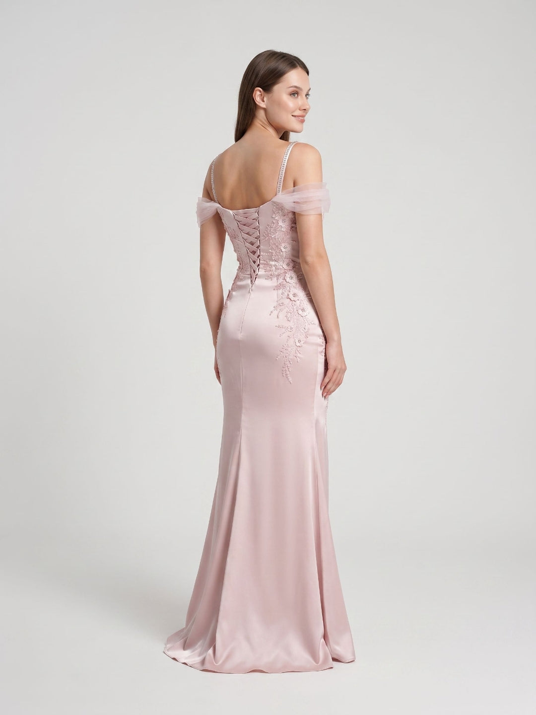 Blushing Pink Satin & Lace Mermaid Sweetheart Lace-Up Back Floor-Length Dress