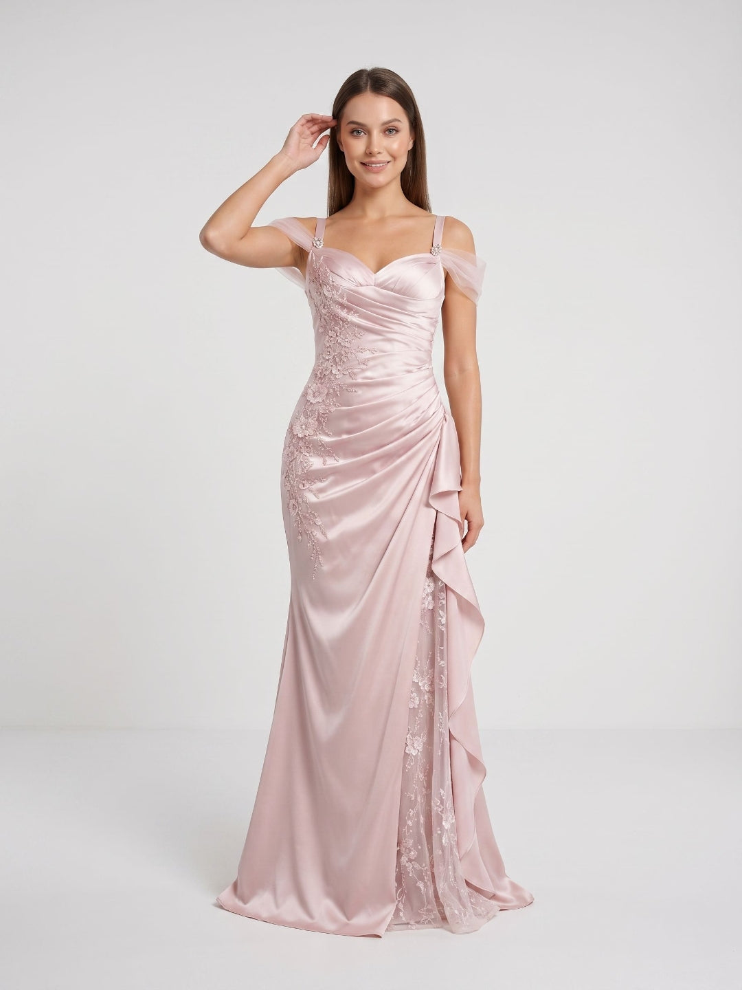Blushing Pink Satin & Lace Mermaid Sweetheart Lace-Up Back Floor-Length Dress
