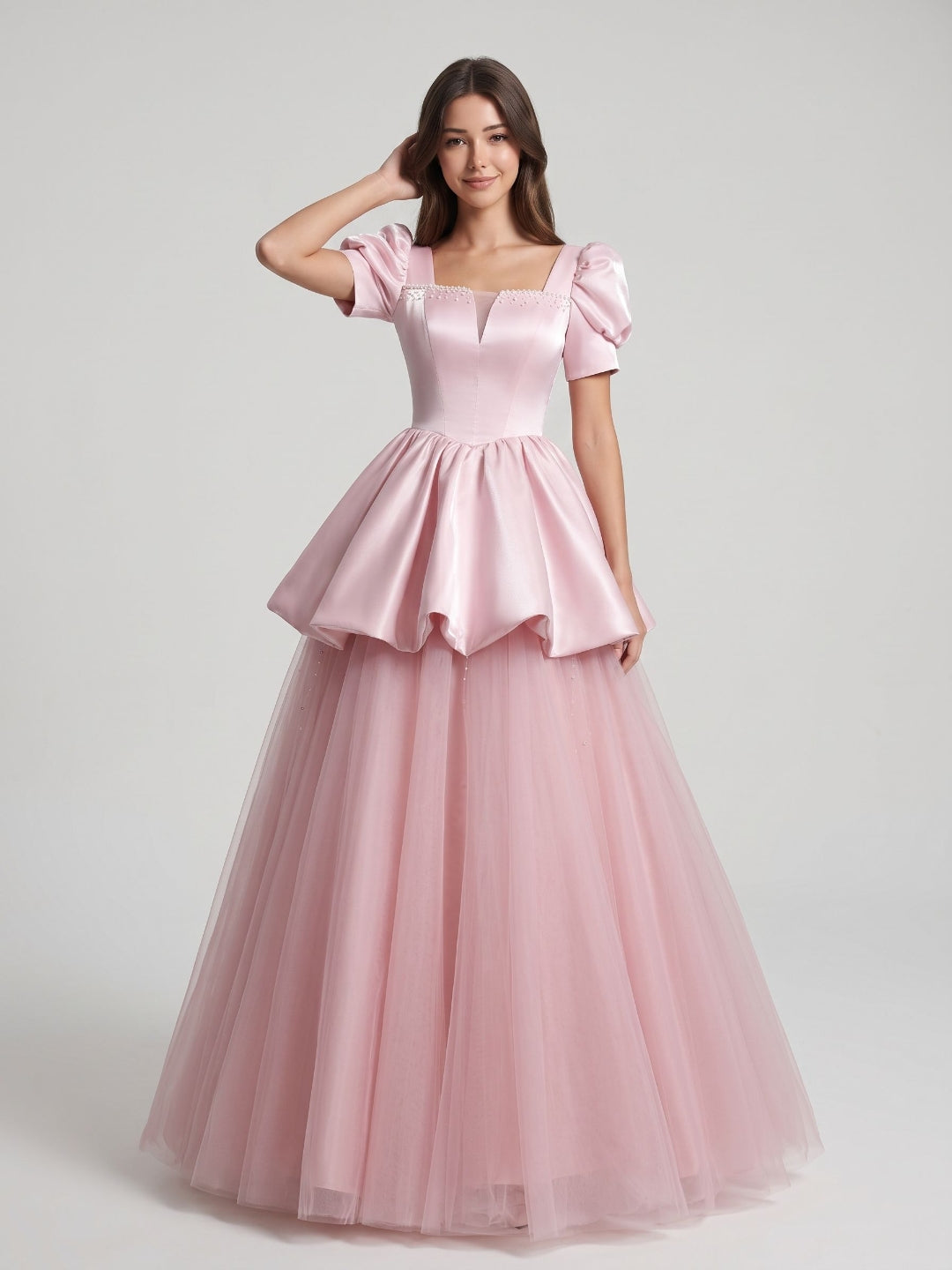 Blushing Pink Satin and Tulle A-Line Square Neck Lace-up Floor-Length Dress
