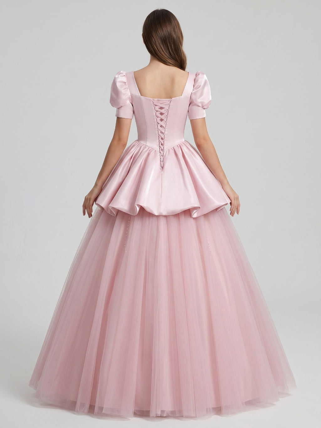 Blushing Pink Satin and Tulle A-Line Square Neck Lace-up Floor-Length Dress