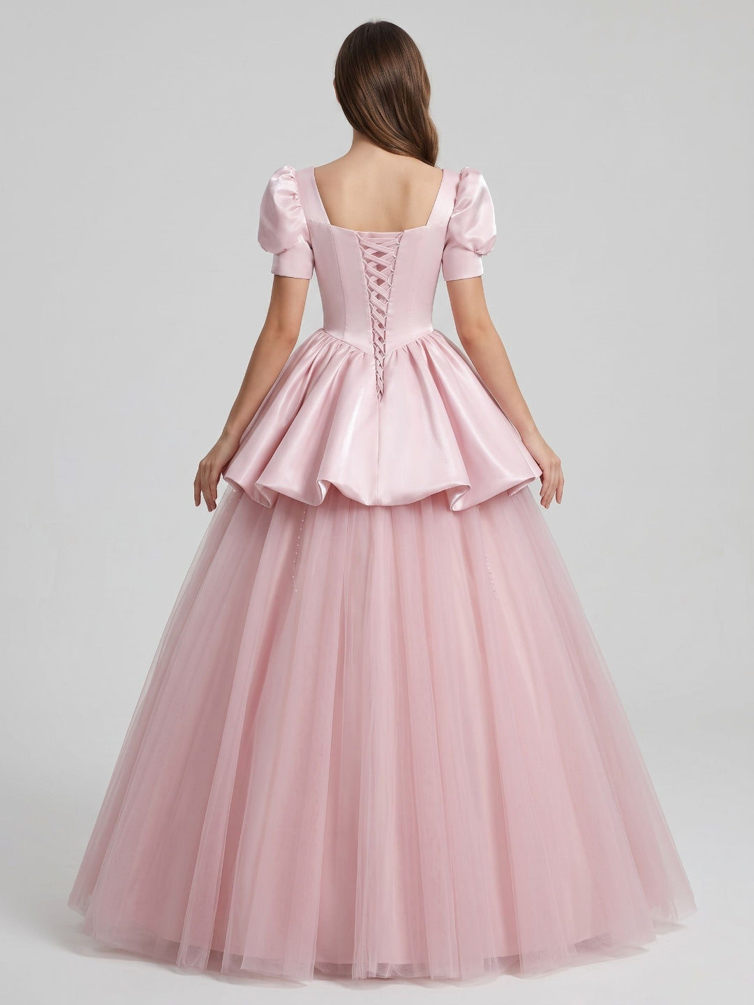 Blushing Pink Satin and Tulle A-Line Square Neck Lace-up Floor-Length Dress