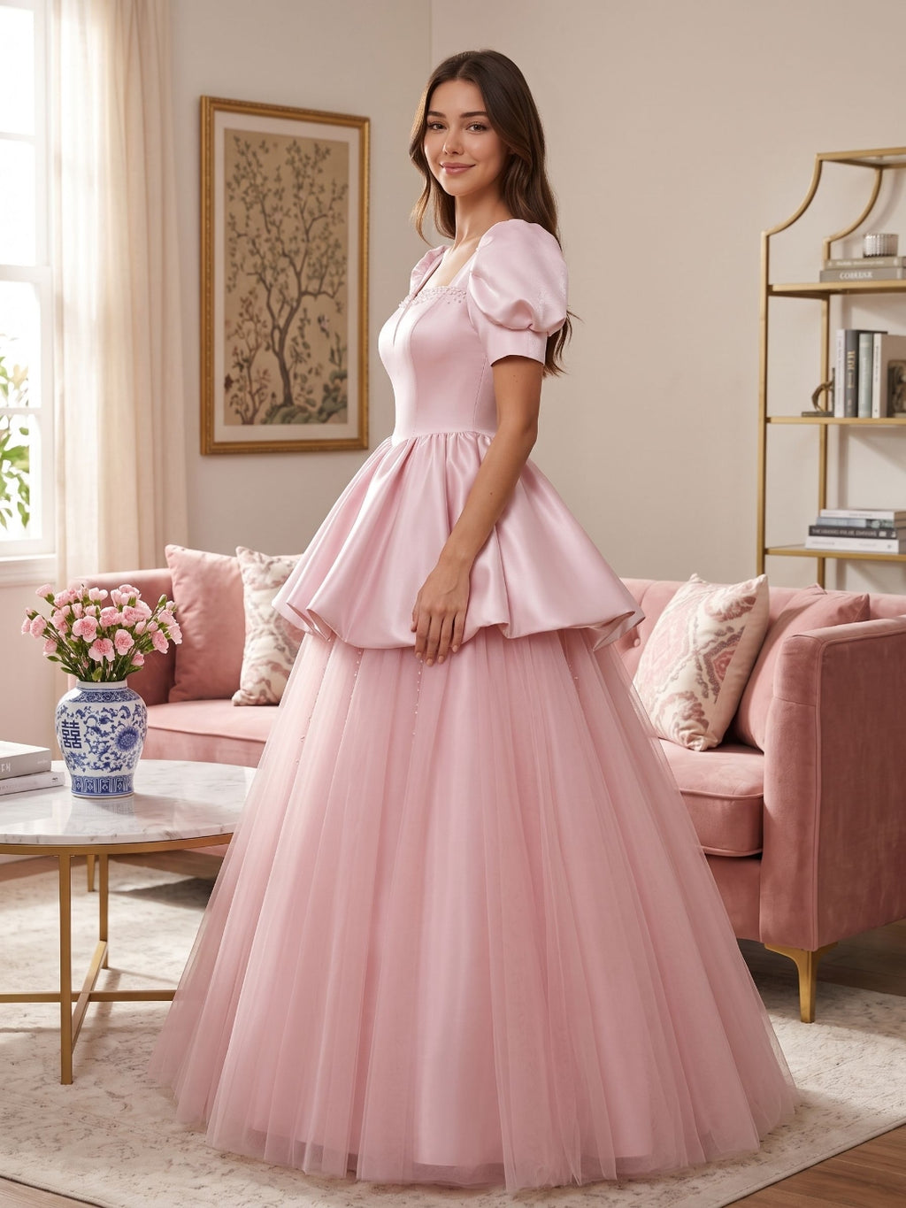 Blushing Pink Satin and Tulle A-Line Square Neck Lace-up Floor-Length Dress