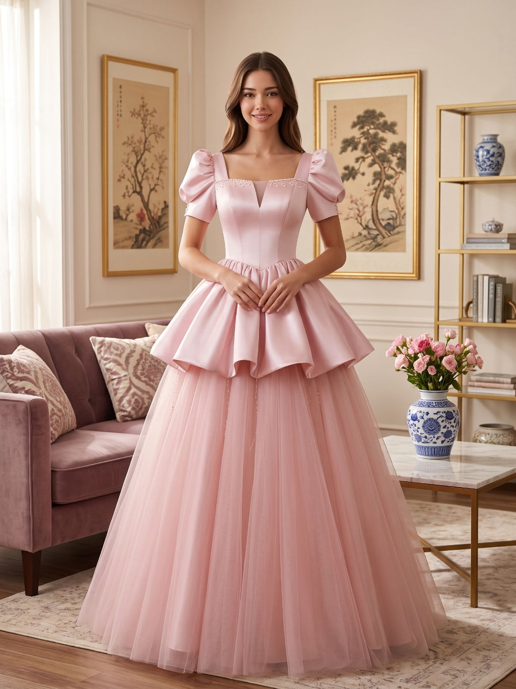 Blushing Pink Satin and Tulle A-Line Square Neck Lace-up Floor-Length Dress