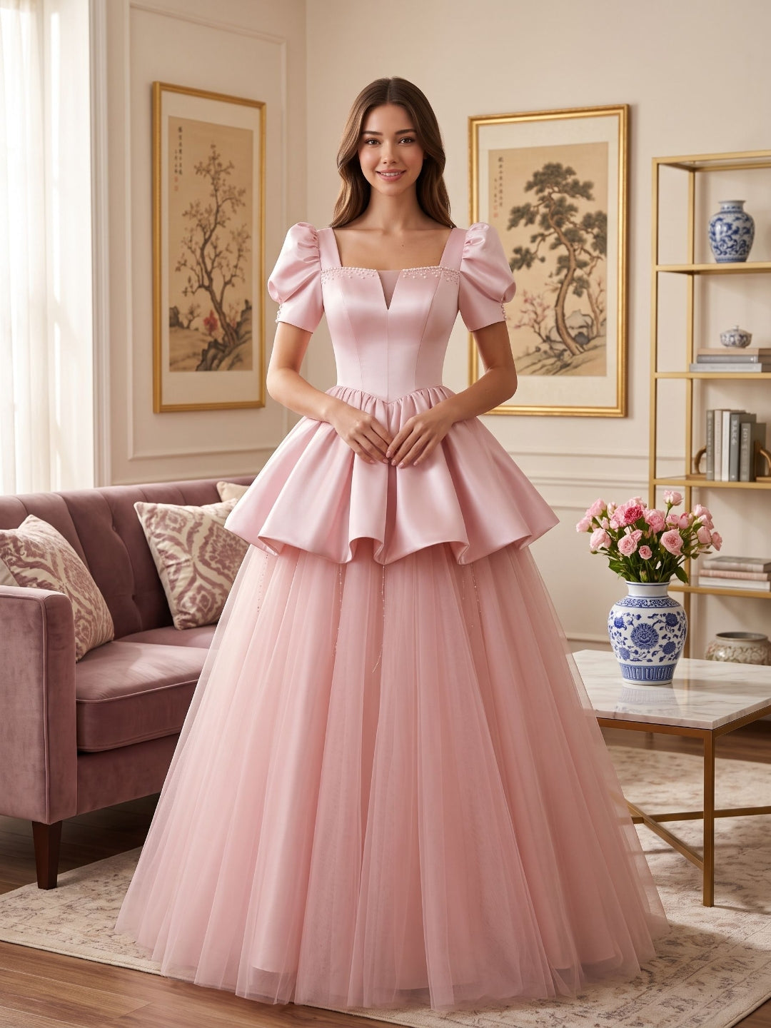 Blushing Pink Satin and Tulle A-Line Square Neck Lace-up Floor-Length Dress
