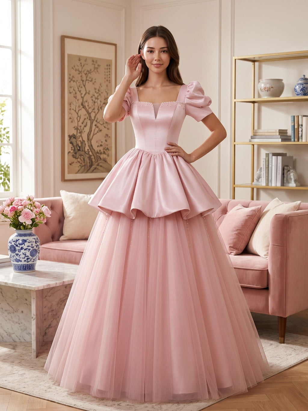 Blushing Pink Satin and Tulle A-Line Square Neck Lace-up Floor-Length Dress